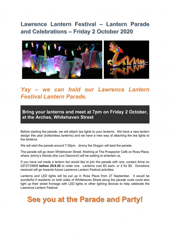 Advert Tuapeka Times Lantern Parade Final 2 Oct 2020